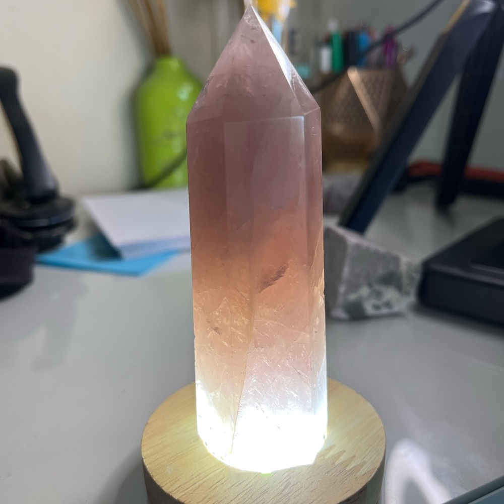 Natural Rose Quartz Crystal Tower Lamp - Blush Pink Accent